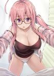  1girl ahoge all_fours ass_visible_through_thighs bare_shoulders blush breasts camisole chestnut_mouth cleavage collarbone commentary_request curtains glasses highres jacket kotatsu_(kotatsu358) large_breasts long_hair long_sleeves looking_at_viewer neet_de_otaku_na_kunoichi_to_naze_ka_dousei_hajimemashita open_clothes open_jacket paid_reward_available panties pink_hair purple_eyes shiny_clothes shizuri_(neet_de_otaku_na_kunoichi_to_naze_ka_dousei_hajimemashita) side_ponytail solo strap_slip striped underwear white_panties 