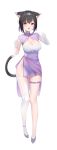  1girl absurdres animal_ears ankleband black_hair breasts brown_eyes cat_ears cat_tail china_dress chinese_clothes cleavage dress gloves hair_between_eyes highres looking_at_viewer medium_breasts open_mouth original purple_dress purple_footwear sarong single_thighhigh solo suzuya_(maru) tail thigh_strap thighhighs white_gloves white_thighhighs 
