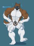  2023 abs anthro balls barechested biceps blue_background blue_eyes bodily_fluids bottomwear canid canine chastity_cage chastity_device clothed clothing deltoids dragon0324r genitals hi_res looking_at_crotch male mammal manly metal_chastity_cage muscular navel nipples obliques pants pecs penis shirtless shirtless_male simple_background solo standing sweat sweatdrop tight_bottomwear tight_clothing tight_pants topless topless_male triceps 