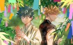  2boys adam&#039;s_apple artist_name back-to-back bakugou_katsuki bamboo blonde_hair blurry blurry_background blurry_foreground boku_no_hero_academia branch check_commentary chinese_commentary chromatic_aberration commentary commentary_request dappled_sunlight dated_commentary depth_of_field eyebrows_hidden_by_hair fingernails freckles from_side frown green_eyes green_hair hair_between_eyes hand_up hands_up happy highres holding_tanzaku japanese_clothes kimono leaf light looking_at_object looking_at_viewer looking_down looking_to_the_side male_focus midoriya_izuku milmil_(wa_ten&#039;nendesu) multicolored_clothes multicolored_kimono multiple_boys official_alternate_costume outdoors pinstripe_kimono profile qixi_festival red_eyes short_hair sideways_glance sleeves_rolled_up smile spiked_hair striped striped_kimono sunlight tanabata tanzaku upper_body vertical-striped_kimono vertical_stripes 