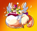  anthro belly big_belly blush bodily_fluids chubby_cheeks clothed clothing fat_arms fat_legs female green_hair hair hat headgear headwear hi_res mad_rat_dead mammal mintrimo morbidly_obese morbidly_obese_anthro morbidly_obese_female murid murine navel obese obese_anthro obese_female one_eye_closed overweight overweight_anthro overweight_female pink_eyes rat rat_god_(mad_rat_dead) rodent solo sweat torn_clothing wardrobe_malfunction wings 