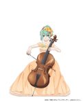  1girl alice_carroll alternate_costume alternate_hairstyle aqua_hair aria blue_eyes bow_(music) breasts cello collarbone copyright copyright_name dated dress flower frilled_dress frills hair_between_eyes hair_flower hair_ornament holding holding_instrument instrument looking_at_viewer music off-shoulder_dress off_shoulder official_art orange_dress playing_instrument sidelocks simple_background sitting sleeveless small_breasts smile solo strapless strapless_dress white_background 