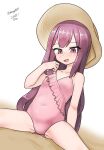  1girl absurdres brown_headwear casual_one-piece_swimsuit collarbone covered_navel dated frilled_one-piece_swimsuit frills hair_ribbon hat highres kamikaze_(kancolle) kantai_collection long_hair looking_at_viewer maru_(marg0613) one-piece_swimsuit pink_one-piece_swimsuit purple_eyes purple_hair ribbon simple_background solo spread_legs straw_hat sun_hat swimsuit twitter_username white_background yellow_ribbon 