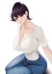  1girl black_hair blue_pants blueorca breasts cleavage collarbone denim grey_eyes highres jeans komi-san_wa_komyushou_desu komi_shuuko large_breasts looking_at_viewer pants shirt short_hair short_sleeves sitting solo swept_bangs thighs white_background white_shirt 