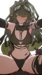  1girl absurdres arknights armpits ass_visible_through_thighs bikini black_bikini black_gloves black_thighhighs blush breasts cleavage commentary cowboy_shot crocodilian_tail distr elbow_gloves english_commentary gavial_(arknights) gavial_the_invincible_(arknights) gloves goggles goggles_on_head green_hair grin highres jewelry large_breasts long_hair looking_at_viewer navel necklace official_alternate_costume oripathy_lesion_(arknights) outstretched_arms pointy_ears ponytail pov simple_background single_thighhigh smile solo spread_legs stomach straddling sweat swimsuit tail teeth thighhighs torn_clothes torn_gloves torn_thighhighs white_background yellow_eyes 