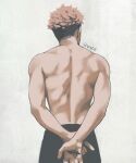  1boy back black_pants facing_back hand_mouth highres itadori_yuuji jujutsu_kaisen looking_back male_focus pants qxq_illus short_hair solo topless_male twitter_username undercut upper_body white_background 