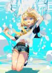  1girl absurdres air_bubble belt black_shorts blonde_hair blue_eyes bow bubble floating_hair gozenjuziame hair_bow hair_ornament hairclip highres immersed kagamine_rin kneeling looking_up midriff navel neckerchief open_mouth sailor_collar sand see-through_silhouette short_hair short_sleeves shorts solo submerged underwater vocaloid white_bow yellow_belt yellow_neckerchief 