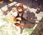  1girl acoustic_guitar boots brown_gloves brown_hair character_name closed_eyes dress falcon_(girls&#039;_frontline) from_above full_body girls&#039;_frontline gloves guitar head_scarf highres holding holding_instrument instrument long_hair music open_mouth outdoors playing_instrument smile solo suginakara_(user_ehfp8355) 