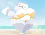  anthro beach big_breasts bikini blue_eyes breasts camel_toe canid canine claws clothing diegothedragon female fox fur hair hi_res huge_breasts lunara_(vixentine) mammal nipples obese obese_anthro obese_female overweight overweight_anthro overweight_female piercing pink_nipples pink_nose pink_paws seaside solo swimwear thefatpizzaboi thick_thighs white_body white_claws white_fur white_hair wide_hips 