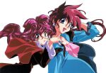  1990s_(style) 2girls arm_up bakuretsu_hunters blue_eyes chocolate_misu earrings floating_hair gotou_keiji hand_on_another&#039;s_shoulder highres jewelry long_hair long_sleeves multiple_girls nail_polish non-web_source open_mouth photoshop_(medium) pink_hair pink_nails red_eyes red_hair retro_artstyle scan siblings simple_background sisters smile tira_misu white_background 