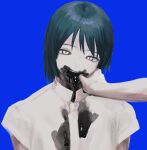  1boy 1other blue_background blue_hair finger_to_another&#039;s_mouth highres liquid liquid_from_mouth looking_at_viewer male_focus open_mouth original qmiqun shirt short_hair simple_background solo_focus upper_body white_eyes white_shirt 