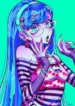  1girl bead_necklace beads blue_background blue_eyes blue_hair blue_headband bracelet colored_skin ghoulia_yelps glasses grey_skin headband highres jewelry long_hair monster_high necklace off_shoulder open_mouth par0llel pink_lips solo white-framed_eyewear zipper_earrings 