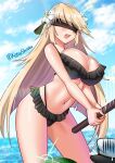  1girl absurdres admiral_(kancolle) beach bikini black_bikini blindfold blonde_hair breasts brooklyn_(kancolle) cleavage flower food fruit hair_flower hair_ornament highres holding holding_stick kantai_collection katou_shinobu large_breasts long_hair navel stick stomach suikawari swimsuit watermelon 