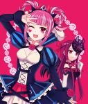  2girls black_tiara blunt_bangs breasts dress fire_emblem fire_emblem_engage flower hortensia_(fire_emblem) ivy_(fire_emblem) looking_at_viewer medium_breasts multiple_girls one_eye_closed open_mouth pink_eyes pink_hair red_flower red_rose rose shira_yu_ki siblings sidelocks sisters striped striped_dress teeth upper_teeth_only v vertical-striped_dress vertical_stripes 