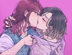  2girls black_hair brown_hair closed_eyes dated ear_piercing gradient_hair hand_in_another&#039;s_hair hand_on_another&#039;s_back highres jewelry kiss looking_at_another multicolored_hair multiple_girls original peg piercing purple_background purple_nails red_hair ring sweater_vest yuri 