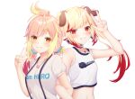 2girls animal_ear_fluff animal_ears animare bare_shoulders blonde_hair blush breasts character_name choker crop_top dog_ears grin highres hira_hikari jewelry locked_arms long_hair looking_at_viewer low_twintails medium_breasts multicolored_hair multiple_girls nanashi_inc. necklace o-ring o-ring_choker orange_eyes orange_nails pink_hair print_shirt puffy_short_sleeves puffy_sleeves red_eyes red_hair rin_(0917608) seshima_rui shirt short_sleeves sleeveless sleeveless_shirt small_breasts smile suspenders transparent_background twintails two-tone_hair upper_body virtual_youtuber w white_choker white_shirt 