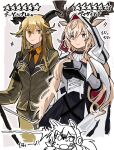  3girls :o animal_ears antlers antlers_through_headwear arknights black_dress black_gloves black_necktie blonde_hair border brown_background cape closed_mouth collared_shirt commentary_request deer_antlers deer_ears degenbrecher_(arknights) donki_(yeah) dress formal gloves goat_ears goat_girl green_suit grey_eyes hand_on_own_chest headphones highres hood hooded_cape long_hair multiple_girls nearl_(arknights) nearl_the_radiant_knight_(arknights) necktie nervous_sweating open_mouth orange_shirt partially_fingerless_gloves shirt simple_background smile suit surprised sweat translation_request viviana_(arknights) wavy_hair white_cape yellow_eyes 