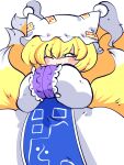  1girl ;3 blonde_hair chahan_(fried_rice0614) chibi commentary_request fox_tail half-closed_eye hands_in_opposite_sleeves highres multiple_tails one_eye_closed solo tail touhou v-shaped_eyebrows yakumo_ran yellow_eyes 