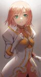 1girl clenched_hands dress estellise_sidos_heurassein fagi_(kakikaki) gloves green_eyes hair_between_eyes highres light_smile looking_at_viewer parted_lips pink_hair puffy_sleeves short_hair solo tales_of_(series) tales_of_vesperia upper_body white_dress white_gloves 