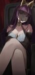  1girl absurdres animal_ears bare_shoulders black_dress black_gloves black_veil breasts choker cleavage closed_mouth collarbone commentary crossed_legs dress elbow_gloves expressionless fake_animal_ears gloves highres jururu large_breasts long_hair looking_at_viewer multicolored_hair ori_(0rizuru) purple_eyes purple_hair sitting solo strapless strapless_dress streaked_hair veil veil_over_eyes virtual_youtuber waktaverse 