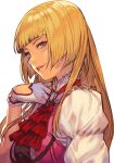  1girl ascot blonde_hair blue_eyes blunt_bangs fingerless_gloves from_side gloves hime_cut hungry_clicker lili_(tekken) looking_at_viewer parted_lips portrait red_ascot sidelocks simple_background solo tekken tekken_8 white_background white_gloves 