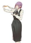  1girl chainsaw_man cheese_trail dress earrings eating fami_(chainsaw_man) food food_in_mouth fourth_east_high_school_uniform highres holding holding_food holding_pizza jewelry looking_at_object mole mole_under_eye mole_under_mouth multiple_moles pinafore_dress pizza purple_hair red_eyes ringed_eyes school_uniform short_hair simple_background sleeveless sleeveless_dress solo takopi15 tassel tassel_earrings white_background 