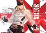  1boy 700hash absurdres axl_low bandana black_gloves blonde_hair blue_eyes fingerless_gloves gloves guilty_gear guilty_gear_strive highres kama_(weapon) kusarigama long_hair looking_to_the_side male_focus muscular muscular_male sickle union_jack upper_body weapon 
