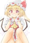  1girl alternate_wings arnest ascot bare_legs blonde_hair bloom blush breasts bright_pupils crystal feet_out_of_frame flandre_scarlet full-face_blush hands_on_own_cheeks hands_on_own_face hands_up hat highres knees_together_feet_apart mob_cap one_side_up puffy_short_sleeves puffy_sleeves red_eyes red_skirt red_vest short_hair short_hair_with_long_locks short_sleeves sitting skirt small_breasts smile solo touhou vest white_pupils wings yellow_ascot 