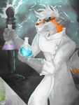  3:4 anthro canid canine canis chemicals clothing coat darkness35wolf digital_media_(artwork) electricity eyewear fluffy fluffy_tail fur gloves goggles grin handwear hi_res insane lineless mad_scientist male mammal painting_(artwork) rigel_(rigelcentauri) science scientist smile solo solo_focus tail topwear traditional_media_(artwork) wolf 