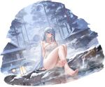  1girl absurdres azur_lane bare_legs bare_shoulders barefoot blue_hair breasts collarbone feet full_body hair_between_eyes highres large_breasts legs long_hair looking_at_viewer naked_towel non-web_source official_alternate_costume official_art onsen outdoors playing_with_own_hair purple_eyes sitting snow soles solo stone_lantern thighs toes towel tree very_long_hair voroshilov_(azur_lane) voroshilov_(devoted_as_the_warm_snow)_(azur_lane) water 