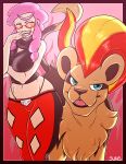  absurd_res blue_eyes clothed clothing covering covering_mouth duo eyewear female feral fire generation_6_pokemon glasses hair hi_res human looking_at_viewer malva_(pok&eacute;mon) mammal mature_female nintendo orange_eyes pink_hair pokemon pokemon_(species) pyroar simple_background suns_(artist) team_flare 