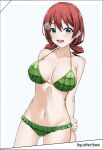 1girl absurdres bikini blue_eyes blush braid breasts brown_hair commentary_request emma_verde flower frilled_bikini frills green_bikini hair_flower hair_ornament highres large_breasts long_hair looking_at_viewer love_live! love_live!_nijigasaki_high_school_idol_club low_twintails medium_hair official_alternate_costume simple_background smile solo sterben_(sterben_dead) swimsuit twin_braids twintails white_background 