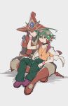  double_iris_magician duel_monster dyed_bangs expressions full_body goggles goggles_on_head green_hair green_pants hand_on_another&#039;s_cheek hand_on_another&#039;s_face hat highres jewelry male_focus multicolored_hair orange_shirt pants pendant red_hair sakaki_yuuya shirt sitting sitting_on_lap sitting_on_person two-tone_hair wizard wizard_hat wudu_c yu-gi-oh! yu-gi-oh!_arc-v 