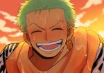  1boy :d ^_^ aoiaoba0316 blush closed_eyes facing_viewer green_hair highres male_focus official_alternate_costume one_piece orange_sky portrait roronoa_zoro scarf short_hair sky smile solo sweat 