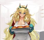  1girl apron baking_sheet barghest_(fate) blonde_hair blue_eyes bread_bun breasts cleavage closed_mouth collarbone earrings fairy_knight_gawain_(like_a_lady)_(fate) fate/grand_order fate_(series) food hair_between_eyes heterochromia highres holding_pan horns indoors jewelry kitchen large_breasts light_blush long_hair looking_down obazzotto off-shoulder_sweater off_shoulder orange_eyes oven_mitts red_sweater ribbed_sweater sketch_background smile solo sweater upper_body white_apron 