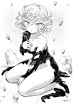  1girl black_dress curly_hair dress flipped_hair floating floating_object floating_rock high_heels highres kneeling looking_at_viewer mogudan monochrome one-punch_man panties pantyshot rubble simple_background solo tatsumaki torn_clothes underwear white_background 