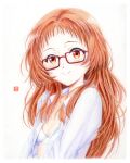  1girl blush bra brown_hair colored_pencil_(medium) glasses long_hair mie_ai orange_eyes red-framed_eyewear shirt simple_background smile solo sukinako_ga_megane_wo_wasureta traditional_media underwear white_background white_bra white_shirt y_takeshinu_wan 