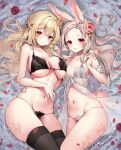  2girls animal_ears babydoll bare_shoulders black_bra black_panties black_thighhighs blonde_hair bra braid breasts caustics cleavage commission cream_(cream) flower forehead front-tie_bra front-tie_top hair_flower hair_ornament halterneck highres holding large_breasts long_hair looking_at_viewer lying mole mole_under_eye multiple_girls navel on_back open_mouth original panties parted_bangs rabbit_ears red_eyes rose second-party_source see-through shiro_albino skindentation small_breasts smile stomach strap_gap string_bra string_panties thighhighs thighs underwear very_long_hair water white_babydoll white_hair 