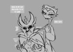  anthro avian bird crown dialogue duo eyelashes father_(lore) father_and_child_(lore) father_and_son_(lore) grey_background headgear helluva_boss hi_res looking_away looking_down male owl owl_demon paimon_(helluva_boss) parent_(lore) parent_and_child_(lore) parent_and_son_(lore) simple_background sitting son_(lore) speech_bubble standing stolas_(helluva_boss) teathekook text white_text 