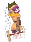  1girl belt bike_shorts blush brown_eyes chrono_trigger closed_mouth glasses helmet highres holding holding_mallet kotaniyen looking_at_viewer lucca_ashtear mallet paw_print paw_print_background purple_hair scarf short_hair simple_background skirt solo weapon white_background 