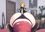  1boy 1girl ai-assisted ass audio_jack black_hair black_jacket black_panties black_pants blonde_hair blush boku_no_hero_academia clothes_pull door guitar headphones hetero highres indoors instrument jacket jirou_kyouka kaminari_denki merrytail open_mouth panties pants pants_pull poster_(object) red_shirt shirt thumbs_up underwear white_shirt 