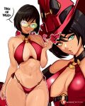  1girl alternate_costume bare_shoulders bikini black_hair breasts cleavage datli64 green-tinted_eyewear green_eyes guilty_gear guilty_gear_xrd hat heterochromia highres i-no large_breasts looking_at_viewer mole mole_above_mouth navel parted_lips red_bikini red_headwear red_leather red_lips short_hair sunglasses swimsuit tinted_eyewear trick_or_treat witch_hat yellow_eyes 