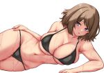  1girl aged_up alternate_breast_size bikini black_bikini blue_eyes breasts brown_hair curvy highres large_breasts light_blush looking_at_viewer lying medium_hair navel on_back on_side open_mouth pokemon pokemon_(anime) pokemon_xy_(anime) serena_(pokemon) simple_background skindentation solo swept_bangs swimsuit takecha wet 