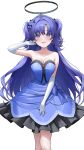  1girl absurdres blue_archive blue_dress blush breasts cleavage collarbone dress elbow_gloves feet_out_of_frame flower gloves hair_flower hair_ornament halo highres iro_(iro_252_) large_breasts long_hair mechanical_halo open_mouth purple_eyes purple_flower purple_hair simple_background smile solo tiara two_side_up white_background white_gloves yuuka_(blue_archive) 