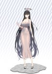  1girl bag bare_shoulders black_hair blue_archive blunt_bangs breasts bunpil cleavage covered_navel dress full_body hair_ornament hairclip halo handbag highres large_breasts long_dress long_hair looking_at_viewer pink_dress red_eyes rio_(blue_archive) sandals skin_tight solo standing strap_gap very_long_hair 