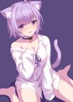  1girl :3 ahoge animal_ear_fluff animal_ears bare_shoulders between_legs black_choker blunt_bangs blush breasts cat_ears cat_girl cat_tail choker collarbone collared_shirt commentary_request feet hand_between_legs highres hololive large_breasts light_purple_hair looking_at_viewer marugoshi_(54burger) naked_shirt nekomata_okayu off_shoulder open_mouth purple_background purple_eyes purple_ribbon ribbon shirt short_hair simple_background sitting sleeves_past_wrists smile solo tail thighs wariza white_shirt 