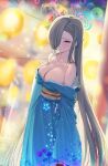  1girl absurdres asuna_(blue_archive) blue_archive blue_kimono breasts elsynien firework_background fireworks halo hand_on_own_chest highres japanese_clothes kimono large_breasts light_blush long_hair looking_at_viewer no_bra open_mouth very_long_hair 