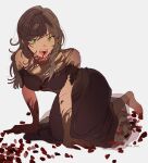  1girl aa_asu artist_name bare_shoulders barefoot blood brown_dress brown_hair dress full_body green_eyes highres long_hair looking_at_viewer no_shoes off-shoulder_dress off_shoulder open_mouth petals rosa_(tears_of_themis) sharp_teeth simple_background slit_pupils solo tears_of_themis teeth white_background 
