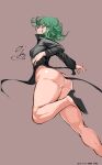  1girl 9is absurdres ass black_dress blush curly_hair dress green_eyes green_hair high_heels highres long_sleeves looking_at_viewer no_panties one-punch_man purple_background short_hair simple_background solo tatsumaki thighs 