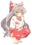  1girl absurdres barefoot blush bow collared_shirt commentary_request fujiwara_no_mokou furrowed_brow hair_bow highres long_hair long_sleeves multiple_hair_bows ofuda ofuda_on_clothes open_mouth own_hands_together pants red_eyes red_pants seika_okawari shirt suspenders touhou very_long_hair white_background white_hair white_shirt 
